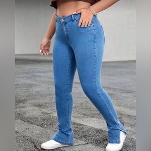 SHEIN Blue Women's Split Hem Skinny Jeans